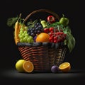 Basket with fresh appetizing bright colorful vegetables and fruits isolated on black background, natural bio products,