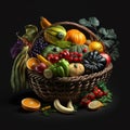 Basket with fresh appetizing bright colorful vegetables and fruits isolated on black background, natural bio products,