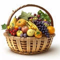 Basket with fresh appetizing bright colorful vegetables and fruits isolated on white background, natural bio products,
