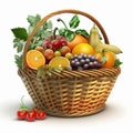 Basket with fresh appetizing bright colorful vegetables and fruits isolated on white background, natural bio products,