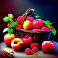 Basket of fresh apples and raspberries on a dark background AI Generated