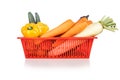 Basket of fresh assorted vegetables carrots, radish, capsicum, tomato, brinjal, cucumber