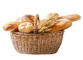 basket of fresh baked bread and wheat ears on white background Royalty Free Stock Photo