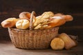 basket of fresh baked bread and wheat ears Royalty Free Stock Photo