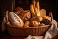basket of fresh-baked breads, including baguettes, rolls and buns