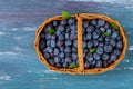 basket with fresh blueberry on wooden background