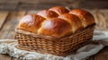 A basket of fresh bread in a woven wicker tray, AI Royalty Free Stock Photo