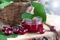 Basket of fresh cherries. Fresh cherry  on wooden table, Cherry jam, cherry basket. Cherry in the nature. healthy food concept Royalty Free Stock Photo