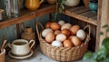 Basket of fresh farm eggs on rustic wooden shelves in cozy kitchen setting Royalty Free Stock Photo