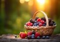 Basket of fresh forest berries in sunny forest background Royalty Free Stock Photo