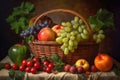 a basket of fresh fruit and vegetables, with a hand-painted background Royalty Free Stock Photo