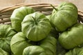 Basket with fresh green tomatillo in a husk close up