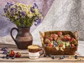 Basket Of Fresh Harvest Of Strawberries And Blueberries, Vintage Ceramic Vase And Cup Of Coffee, Wildflowers