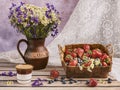 Basket Of Fresh Harvest Of Strawberries And Blueberries, Vintage Ceramic Vase And Cup Of Coffee, Wildflowers.