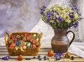 Basket Of Fresh Harvest Of Strawberries And Blueberries, Vintage Ceramic Vase With Wildflowers.