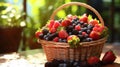 Basket of fresh mixed berries on a sunny terrace Royalty Free Stock Photo