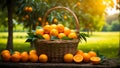 Basket with fresh oranges a background of trees group harvest many