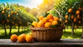 Basket with fresh oranges a background of trees group harvest seasonal