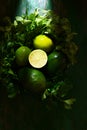 Basket with fresh organic greens, avocado and lime on a dark green background. Monochrome. Royalty Free Stock Photo