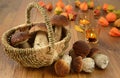 Basket with fresh penny bun mushrooms on table