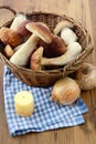 Basket with fresh penny bun mushrooms on table