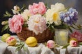 A basket of fresh peonies and irises in pastel colors on a white tablecloth with a glass of lemonade