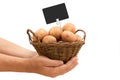 Basket with fresh potatoes and a price tag in the hands of a farmer isolated on a white background. Royalty Free Stock Photo