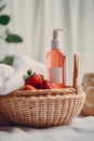 A basket of fresh strawberries and a bottle of shampoo on a light background