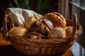 basket of freshly baked artisan breads, ready for snacking or sandwiches Royalty Free Stock Photo