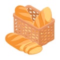 Basket with freshly baked bread isolated on white, isometric view