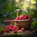 Basket of freshly picked raspberries from the plantation.