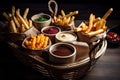 basket of fries with variety of delicious dipping sauces