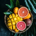 A basket of fruit including oranges, grapefruit, and mango Royalty Free Stock Photo
