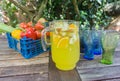 Basket of fruit with jug of orange squash.