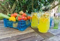 Basket of fruit with jug of orange squash.