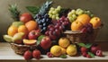 A basket of fruit with a pineapple, oranges, apples, and grapes Royalty Free Stock Photo