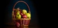 Basket with fruits of apples, quince and viburnum, a place for text