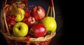 Basket with fruits of apples, quince and viburnum, a place for text