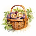 Delicate Watercolor Landscape: Wicker Basket With Fruits