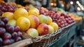 Basket of fruits. Farmer's market with in a bustling scene