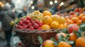 Basket of fruits. Farmer's market with in a bustling scene