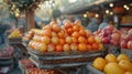 Basket of fruits. Farmer's market with in a bustling scene