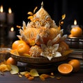 Basket of fruits lemons and oranges in the background burning candles. Diwali, the dipawali Indian festival of light