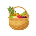 Basket with fruits such as banana, pineapple, grapes, peach and also apple, pear and plum. Fruit basket. Fruit in a