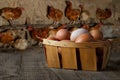 basket full of chicken eggs on table with hens on the roost