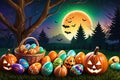 Basket Full of Colorful Easter Eggs Nestled in Bright Green Grass: Carved Jack-O\'-Lanterns with Eerie Glow Complete the Scen