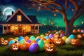 Basket Full of Colorful Easter Eggs Nestled in Bright Green Grass: Carved Jack-O\'-Lanterns with Eerie Glow Complete the Scen