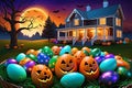 Basket Full of Colorful Easter Eggs Nestled in Bright Green Grass: Carved Jack-O\'-Lanterns with Eerie Glow Complete the Scen