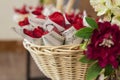 Basket full of cornets filled with red rose for wedding Royalty Free Stock Photo