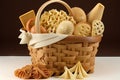 basket full of different pastas in a variety of shapes and sizes